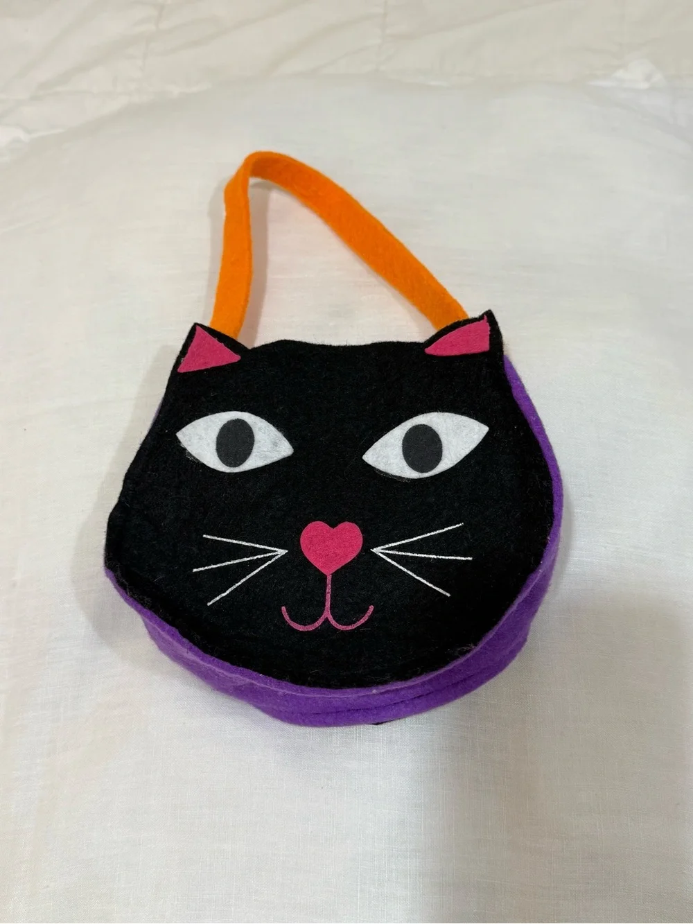Kids Black Cat Face Felt Bag with Purple Trim and Orange Handle